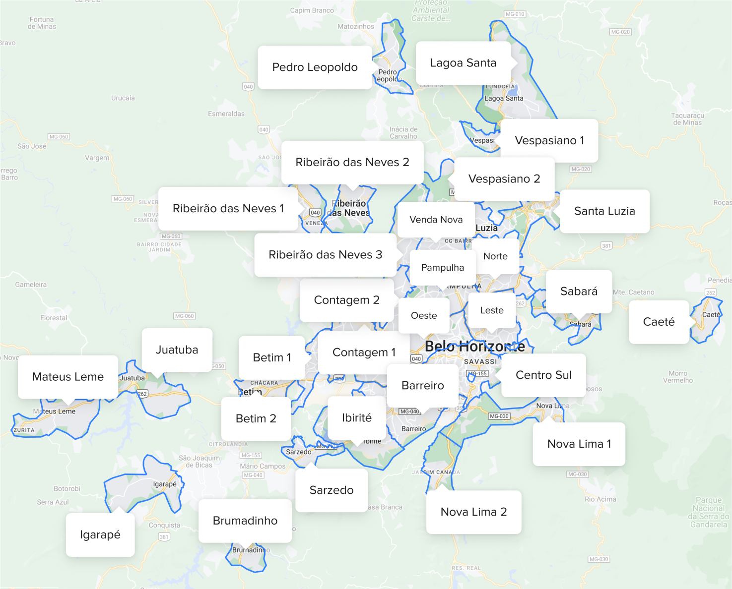 Mapa que mostra as novas áreas em que você pode oferecer o Envios Flex dentro de Belo Horizonte